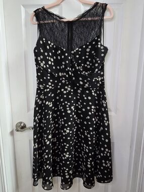 Taylor Black and White Polka Dot Lace-Top Midi Dress